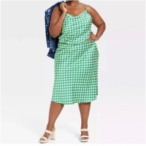 AVA & VIV Green White Geometric Print Cowl Neck Midi Slip Dress Women 2X